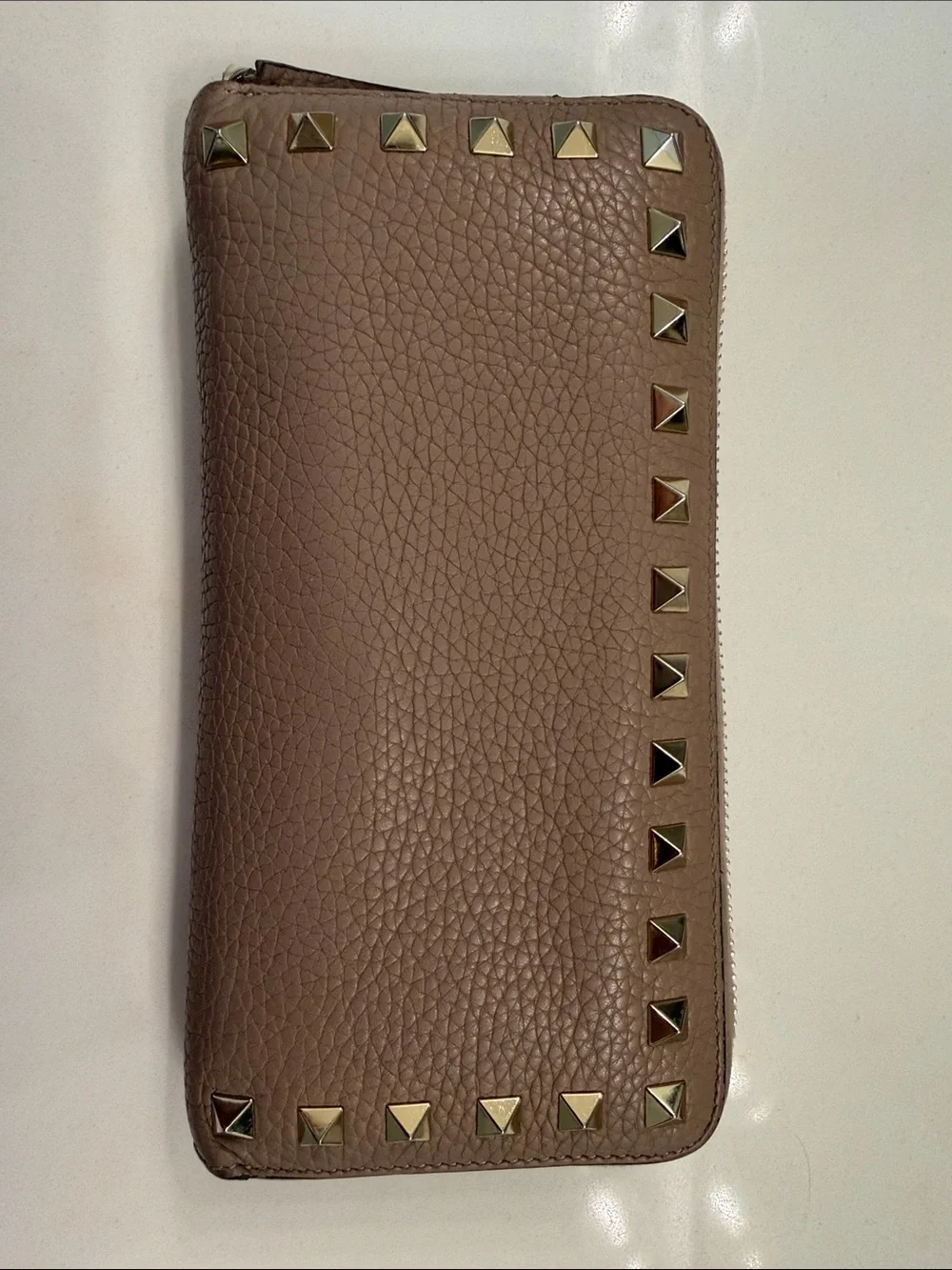 Valentino Garavani Taupe Pebbled Leather Zip Wallet with Gold Studs